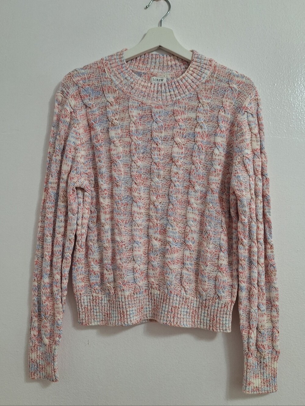 NWT J. Crew Multicolor Cable Crewneck Sweater - Pink, Blue & Cream